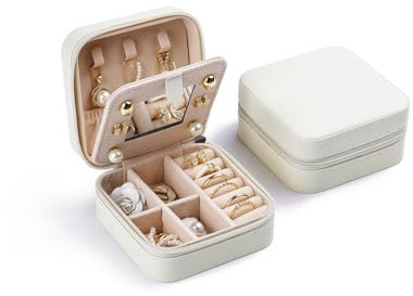 CASEGRACE Reise-Schmucketui, kleine Schmuckschatulle mit Spiegel-Design, tragbarer Schmuck-Reise-Organizer, Aufbewahrungsbox für Ringe, Ohrringe, Halsketten, Armbänder, Geschenk für Frauen, Weiß