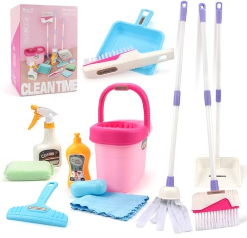 Joyfia Kids Cleaning Set for Toddlers, Detachable 12 Piece Toy Cleaning Set Includes Broom Dustpan Bucket Mop Spray Scraper Brush and More, Pretend Play Housekeeping Kit for Children Aged 3+