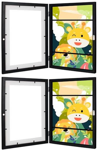 Kodilin 2pcs A4 Bilderrahmen Kinderzeichnungen,kinder kunst bilderrahmen zum öffnen, A4 aufklappbar Frontöffnung Bilderrahmen Kinderbilder,Befüllbarer Wechseln Kunstfotorahmen schwarz