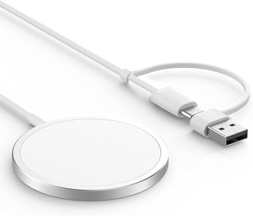 Magnetic Wireless USB-C Fast Charger (Dual Charging Ports) Portable USB Fast Charger Cable Compatible for iPhone 15 14 13 12 11/15 14 13 12 11 Plus/15 14 13 12 11 Pro/15 14 13 12 11 Pro Max,X87-silver