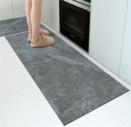 Hixingo Marmor Drucken Küche Teppich rutschfest, Kieselgur Küchenläufer Schnelltrocknend Küchenteppich Abwaschbar Teppich Läufer Modern Küchenmatte Schmutzfangmatte (Grau,45x200cm)