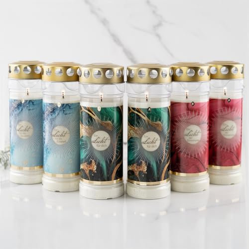 Hofer Lot de 6 bougies funéraires - Durée de combustion de 7 jours - L'original [Licht Select] résistantes à la pluie - Avec couvercle - Bougie funéraire avec motif - Bougies pour décoration funéraire