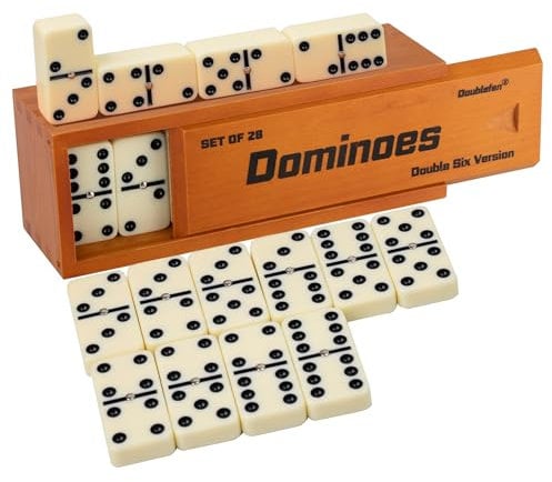 Domino Set für Erwachsene, Domino Set Double Six, Double 6 Jumbo Domino Steine mit Spinner in exklusiver Holzbox, 28 Stück Großes Domino Set 28 Steine mit braunem Holzetui