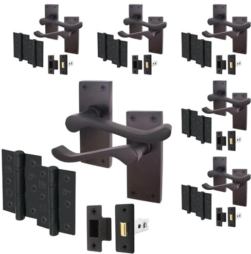 EAI Black Victorian Scroll Door Handle Latch Set | Matt Black Internal Lever Handles with Hinges (76mm) & Latch (64mm) - 6 Pairs