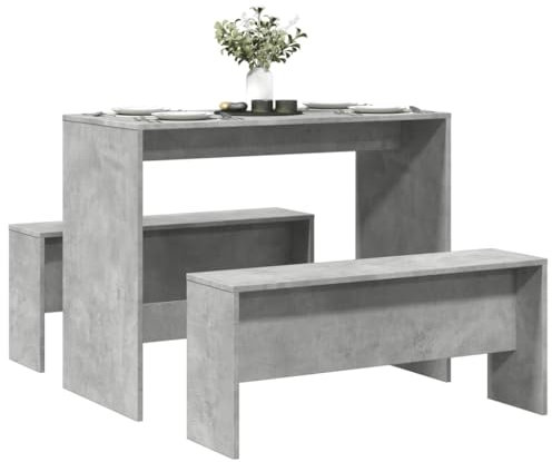 Homgoday Set aus Esstisch und Bänken 3-teilig, Grau Beton aus Spanplatte, Gartenmöbel, Tisch und Stühle für den Außenbereich, Set
