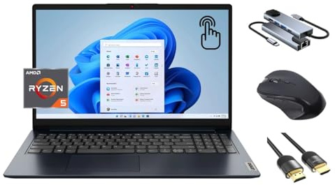 Lenovo Ideapad 1 15.6 Touch Laptop, FHD IPS Display, Ryzen 5 7520U (beats i5-1235U), 8GB RAM, 256GB SSD, Backlit KB, Webcam, USB-C, Card Reader, 3-in-1 Essential Bundle, US Version KB, Windows 11