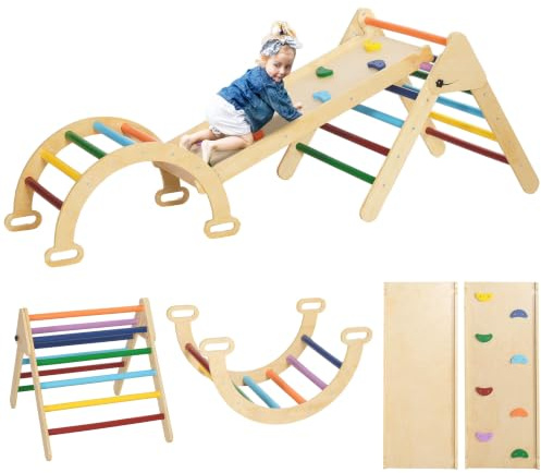 AIYAPLAY Toddler Climbing Frame 5 In 1 for Kids 18-48 Months Multicoloured | Wooden Indoor Climbing Frame, Ramp, Arch, Foldable Play Triangle Set