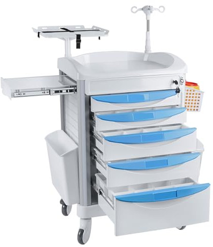 Kalolary Medizinischer Notfallwagen Wagen mit ABS Material, Labor Utility Wagen mit 5 Schubladen und 4 leisen Rädern,Laborrollwagen mit 2 Mülleimern für Labor, Klinik, Krankenhaus, Salon