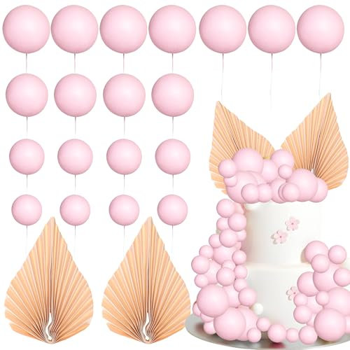 Ephlyn 28Pcs Paper Palm Fan Cake Topper Balls Cake Pick for Baby Shower Wedding Bridal Shower Birthday Party Cake Decorations Supplies Pink