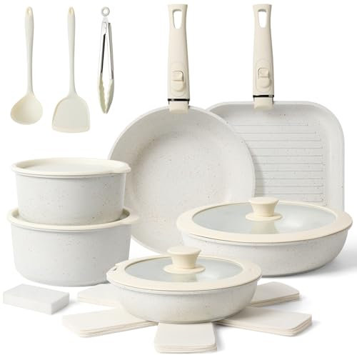 Tibbicc 20 Pcs Ceramic Cookware Set Non Stick Frying Pots and Pans Set Non Toixc Cookware-PFAS/PFOA/PTFE Free, with Removable Handle for RV Kitchen, Induction & Dishwasher Safe Cream White