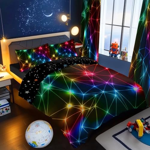 BlessLiving Kids' Duvet Cover Set: Premium Brushed Microfiber 3-Piece Bedding Set - Comfy Double Quilt Cover with Triangle Retro Neon Design for Teens Boys Girls Bedroom