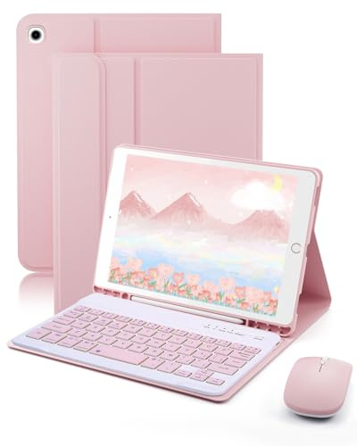 TUNKARMOR Étui clavier pour iPad mini 5 et Mini 4 7,9 – avec souris et clavier magnétique, étui avec porte-crayon pour iPad mini 5e/4ème génération, mise en veille/réveil automatique, rose