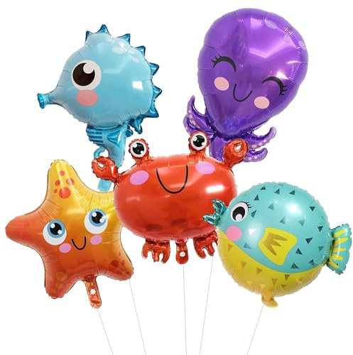 Meerestiere Folienballons 5 Stück Meerestiere Luftballon Deko Unterwasserwelt Luftballons Unterwasser Folienballon Geburtstag Deko Seepferdchen Krabben, Tintenfische, Seesterne Ballons