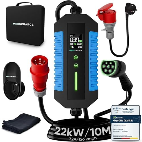 NRG CHARGE Mobile Wallbox 22kW Typ 2 (10m, 6–32A, 3-phasig) – Ladekabel CEE 32A mit Schuko – Mobile Ladestation Elektroauto Schnellladung