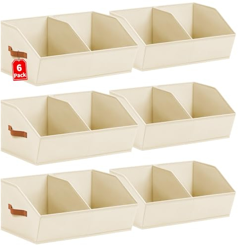Foldable Storage Boxes Set of 6 - Fabric Organiser Bins with Dividers, Medium Trapezoid Closet Storage Baskets Containers with Handles - For Clothes, Toys, Shelves, Wardrobes in Bedroom or Kids Room