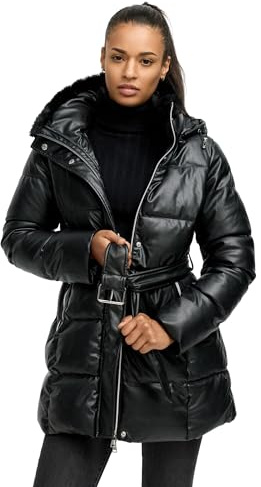 Tazzio Damen Steppmantel mit Kapuze - Lederoptik-Steppmantel mit Taillengürtel F802