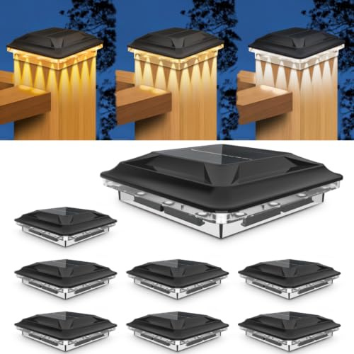 SenluKit 8 Stück Solar Pfostenleuchte, Verbesserte 3 Modi 16 LED Pfostenkappe Solar, Wasserfest Solarlampe für 9x9 10x10cm Holz/Vinyl Pfosten Garten Terrasse Zaun(Warmweiß Kaltweiß Neutralweiß)