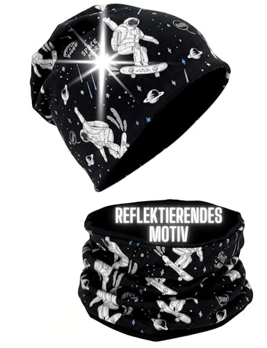 HECKBO Reflektor Kinder Mütze & Loop Schal Set – Astronaut Space – 95% Baumwolle Jersey – weiches & pflegeleichtes Stretch-Material – Übergangszeit – Größe 48–54 cm