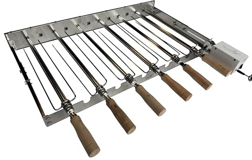 Electric BBQ Rotisserie Kebab System, Stainless Steel Grill Top, 6 Skewers with Wooden Handles, Automatic Rotating