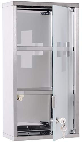 HOMCOM Armoire à Pharmacie 2 étagères 3 Niveaux verrouillable Porte Verre trempé dépoli Logo Croix 25L x 12l x 48H cm Acier INOX