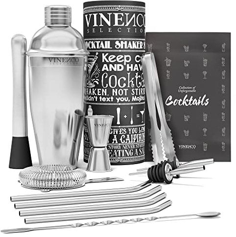 Cocktail Shaker Set + Recipes Book - Premium Stainless Steel Bar Kit: Strainer, Double Jigger, Mixing Spoon | Pro Bartender Making Drinks - Mojito Martini Gin Tonic Maker | Party Gift Box, Women Men