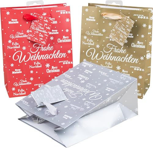 HEKU Geschenktaschen-Set, Glitter 'Merry X-Mas' Design I 24 Stück in 3 Farben (Rot, Gold, Silber) I Praktische Größe (23x18x10 cm) I Inklusive kleinem Klappkärtchen für persönliche Nachrichten
