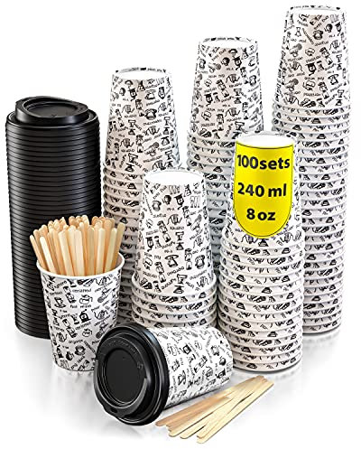 100 Vasos Desechables de Café Para Llevar - Vasos Carton 240 ml con Tapas y Agitadores de Madera para Servir el Café, el Té, Bebidas Calientes y Frías