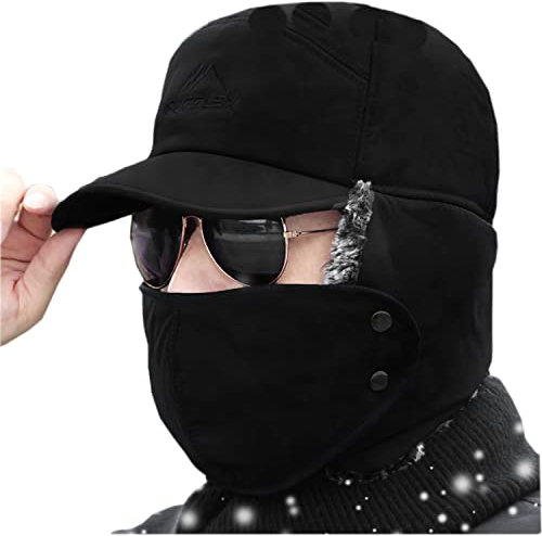 Chapeau Ski Homme Chapka Hiver Doublure en Fausse Fourrure Casquette Bonnet Cache Oreille Chapeau Bonnets de Ski Homme Papa