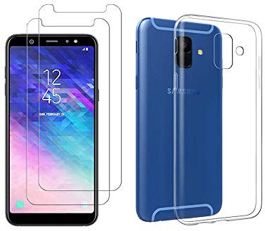NOVAGO Pack 3 en 1 Compatible avec Samsung A8 2018 (5.6 Pouces) 1 Coque Souple Transparente et résistante Anti Choc + 2 Films en Verre trempé Transparent (Plus Petits Que l'écran)