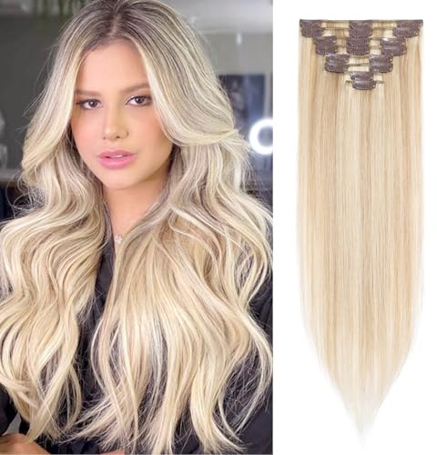 S-noilite 8-24 inch Clip in Hair Extensions Human Hair 100% Remy Real Human Hair Straight for Women Beauty (12-55g, 18/613 Ash Blonde/Bleach Blonde)