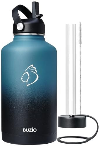 Insulated Water Bottle 2L, BUZIO Stainless Steel with Straw Lid and Flex Cap Cold for 48 Hrs, Hot for 24 Hrs Double Wall Wide Mouth BPA Free Leak Proof, Indigo Crush