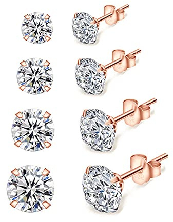 Shuxin Silver Stud Earrings for Women, 4 Pairs 925 Sterling Silver Rose Gold Cubic Zirconia Stud Earrings Set, Hypoallergenic Small Sleeper Cartilage Studs, with 5A Cubic Zirconia, Size: 3, 4, 5, 6mm