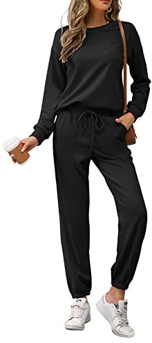 REORIA Womens Long Sleeve Crewneck Solid Color Two Piece Outfit Hoodie Jogger Tracksuit Set Sweatshirt & Sweatpants Black L