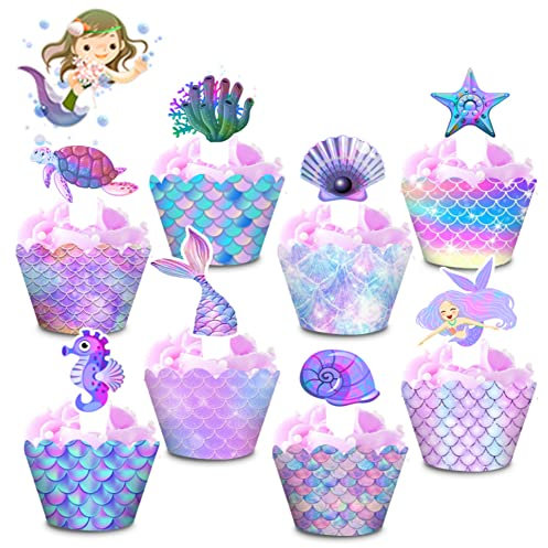24 Stück Meerjungfrau Cupcake Toppers und Wrappers, Kuchen Dekoration für Geburtstagsparty, Baby Shower, Hochzeit und Dessertdekoration