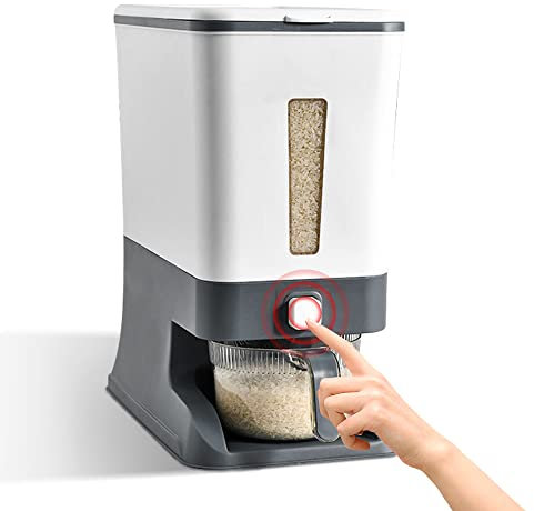 Beowanzk Rice Storage Container 10kg,Cereal Dispenser,Large Airtight Dry Food Containers with Lids and Rice Measuring Cup,Rice Dispenser for Home and Kitchen Timed and Insect-Proof (Grey)