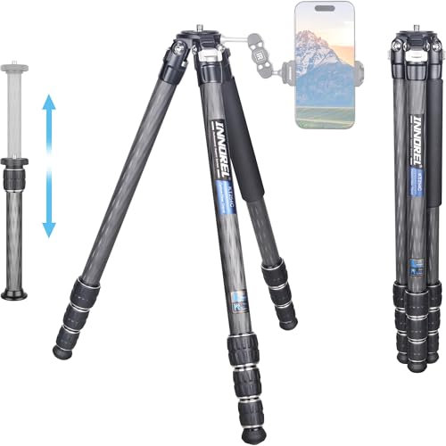 INNOREL KT254C Super Professional Portable Travel Carbon Fiber Tripod for DSLR Camera Heavy Duty Compact Stand Support 1.0in/25.6mm Tube Max Load 33lbs/15kg with Short Center Column