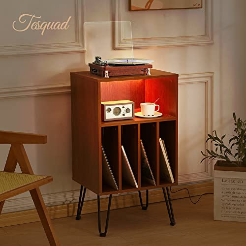 Tesquad Soporte para tocadiscos LED, mesita de noche rústica con almacenamiento de libros, almacenamiento de discos de vinilo, mesa auxiliar moderna de mediados de siglo, mesa de tocadiscos para sala