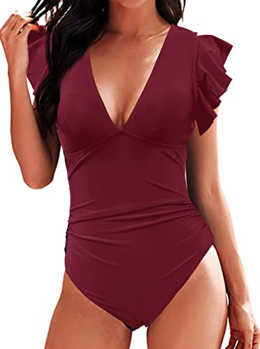 Femme Maillot de Bain 1 pièce Costume de Natation à col en V Contrôle Ventre Bikini Monokini à Volants Amincissant Push Up Monokini(Vin Rouge,M)