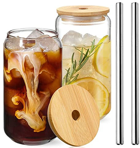 JTWEB 2pcs Transparent Can Cups,with Bamboo Lid and Glass Straws, 550ml Can Shaped Glass Cups,Drinking Glasses,Beer Glasses, Iced Coffee Glasses,Milk Tea Glasses,Clear Glass Cups