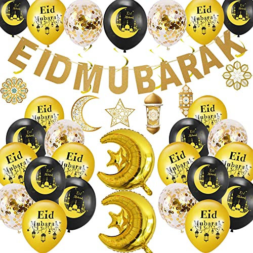 Eid Mubarak Partydekorationen Ramadan Mubarak Dekorationen Kit Eid Mubarak Banner Stern Mond Folienballon Konfetti Luftballons und hängende Wirbel für Eid Mubarak Mottoparty