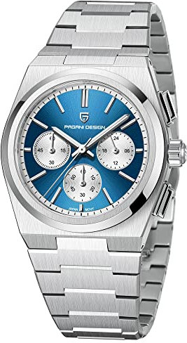 Pagani Design Uhren Herren Elegant Business Sports Quarzwerk Chronograph Armbanduhren Japan VK63 Mit Saphirglas Wasserdicht 100M Analogue Edelstahl (silberblau)