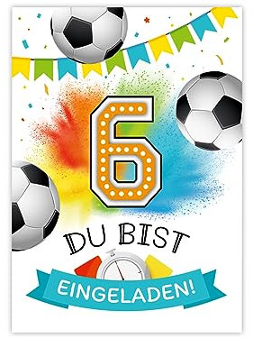 Minkocards 12 Einladungskarten zum 6. Kindergeburtstag Junge Fußball Fussball Einladungen zum sechsten Geburtstag Kinder bunte Geburtstagseinladungen