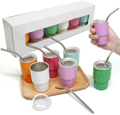 S-SNAIL-OO Mini Tumbler Shot Glass with Straw, Sublimation Double layer metal Cute Shot Glasses Set 3oz with Lids for drinks, coffee, cocktails. (6PCS-Multicolor)