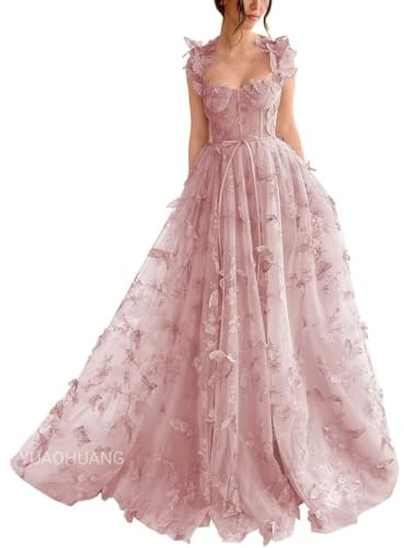 YUAOHUANG Robe de bal longue en tulle avec motif papillon, robe de bal pour femme, robe de bal de fée, robe de bal, Dusty Rose., 2