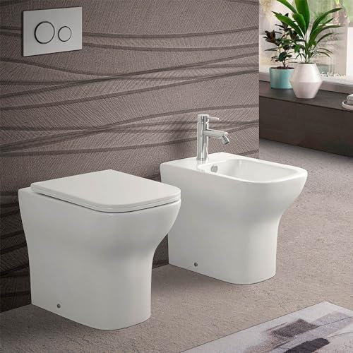 Coppia sanitari filomuro senza brida e scarico multiplo, in bianco lucido con copriwc originale soft-close e fissaggi inclusi, PLANA