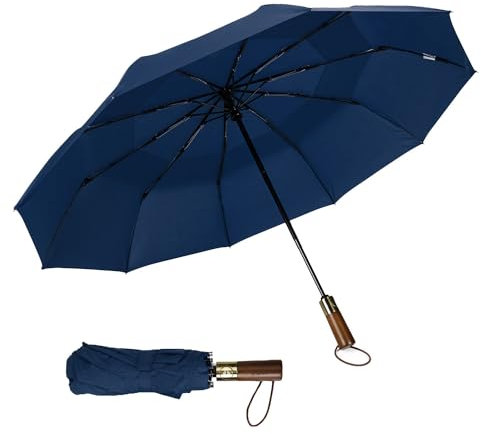 ECOHUB Paraguas Plegable Antiviento Grande, Paraguas Automatico con Doble Techo Ventilado & Mango de Madera, PET reciclado Paraguas Portátil Para hombre mujer(Azul marino)
