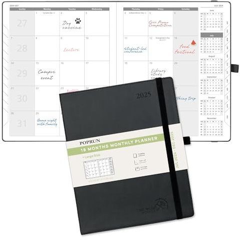 POPRUN Monatsplaner 2024-2025 (21,6 x 26,7 cm), 18-Monate-Kalenderbuch (Jul.2024-Dce.2025) Softcover, Kalenderplaner mit Monats-Registern & Tasche, 100 g/m² Papier - Schwarz