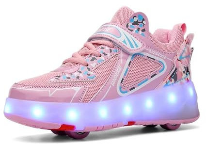 Jungen Mädchen Rollschuhe Schuhe Mit 4 Rollen Skateboardschuhe, Verstellbar Jugend Schuhe mit Rollen und LED Licht, Multifunktionale Sportschuhe Outdoorschuhe für Kinder Erwachsene…-Rosa||31