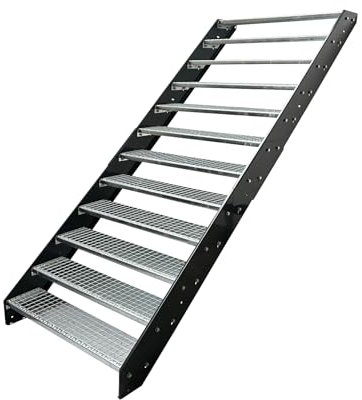 Kaminbau Mierzwa Premium Stahl Treppe Wangen Anthrazit RAL 7016/12 Stufen verzinkt (Breite 1400 mm) (Höhe 228 cm) Wetterfest Gitterroststufe Gartentreppe