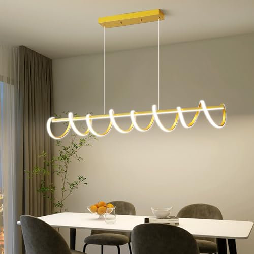 Mikeru 120cm Golden Pendelleuchten, Pendelleuchte Esstisch Dimmbar Memory 10% bis 100% Moderne LED Pendelleuchte 3000K/4500K/6000K 3 Farben LED Pendelleuchten Höhenverstellbar für Wohnzimmer